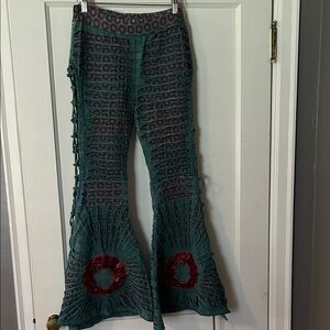 Bohemian Cutout Flared Pants in Teal with Red Accents